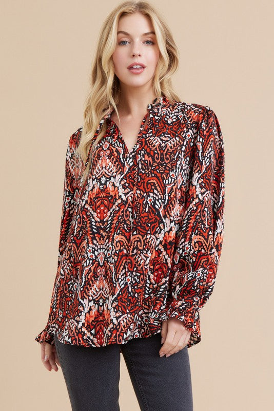 Funky Printed Poet Long Sleeve Tie Neck Top