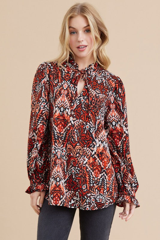 Funky Printed Poet Long Sleeve Tie Neck Top