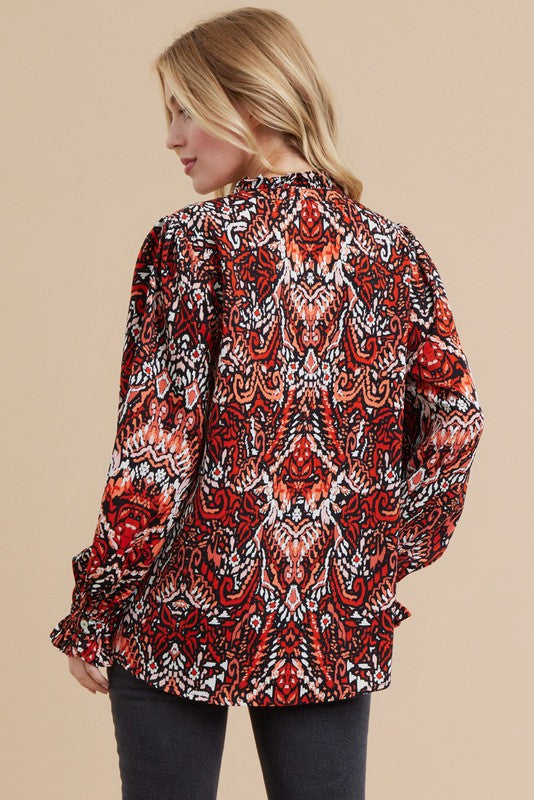 Funky Printed Poet Long Sleeve Tie Neck Top