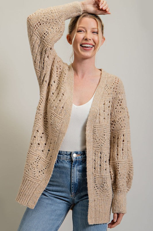 Crochet Midi Length Open Cardigan - Oatmeal