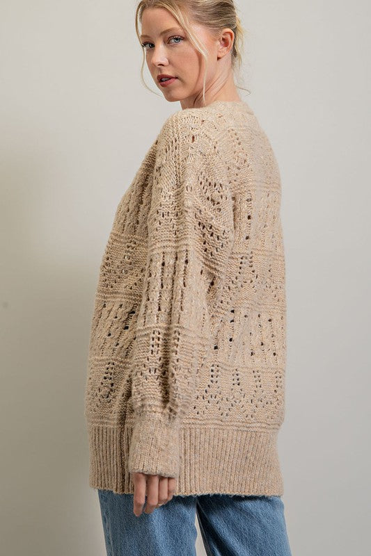 Crochet Midi Length Open Cardigan - Oatmeal