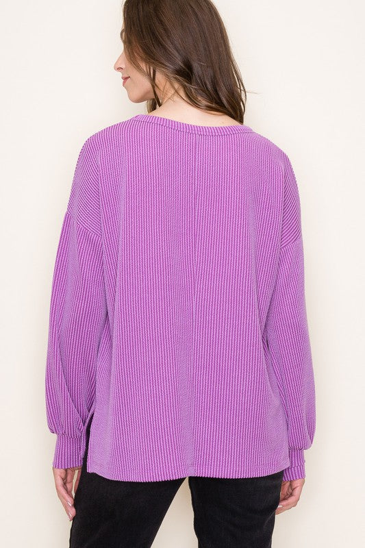 Solid Ribbed Crew Neck Long Sleeve Top