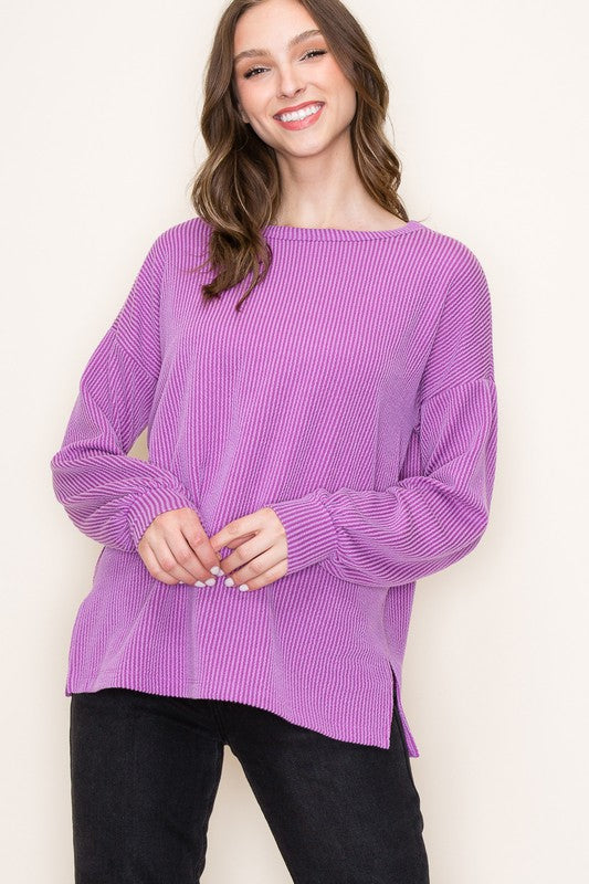 Solid Ribbed Crew Neck Long Sleeve Top