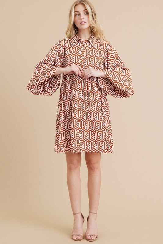 Geo Print Balloon Sleeve Button Detail Dress- Toffee