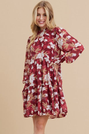 Floral Frill Neck Bubble Long Sleeve Tiered Dress- Burgundy