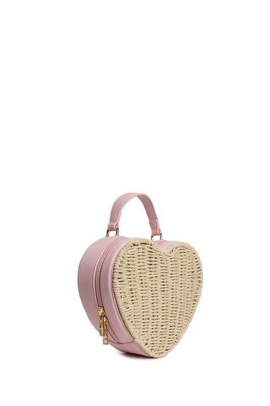 Straw Heart Shaped Top Handle Handbag - Pink