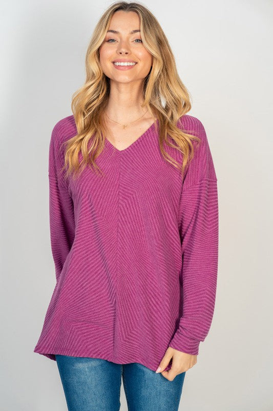 Solid Zig Zag Texture V-Neck Top