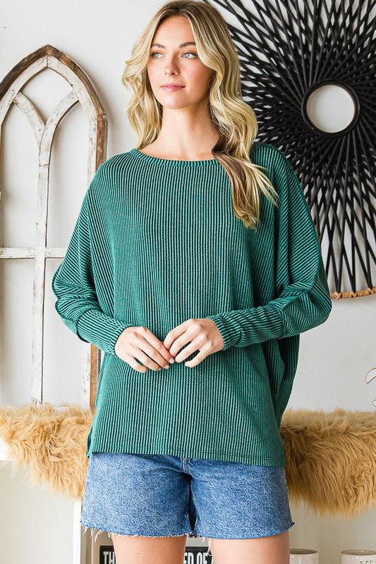 Solid Ribbed Fitted Drop Sleeve Top