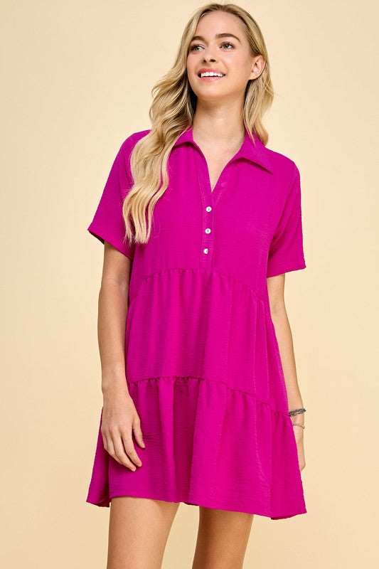 Solid Collared Button Detail Tiered Dress