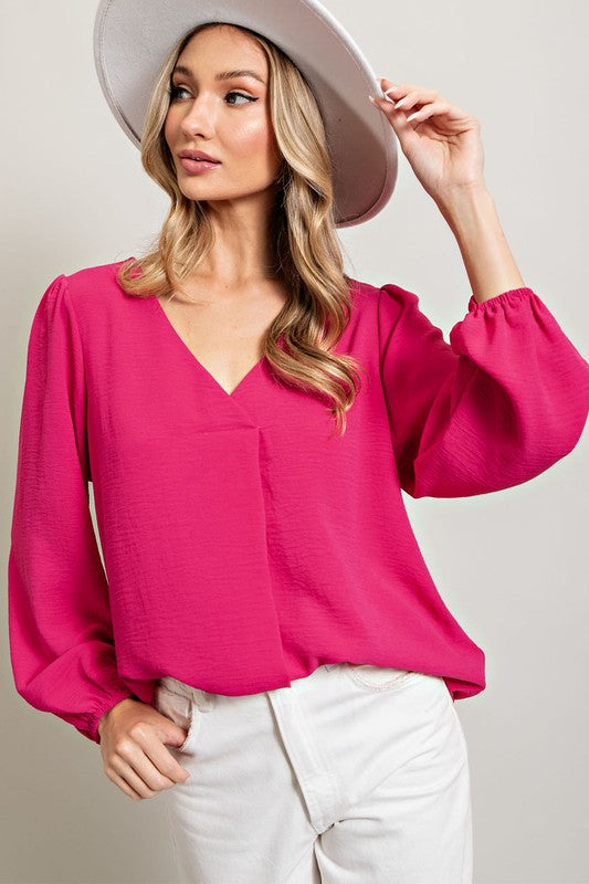Solid V-Neck Long Sleeve Front Pleat Top