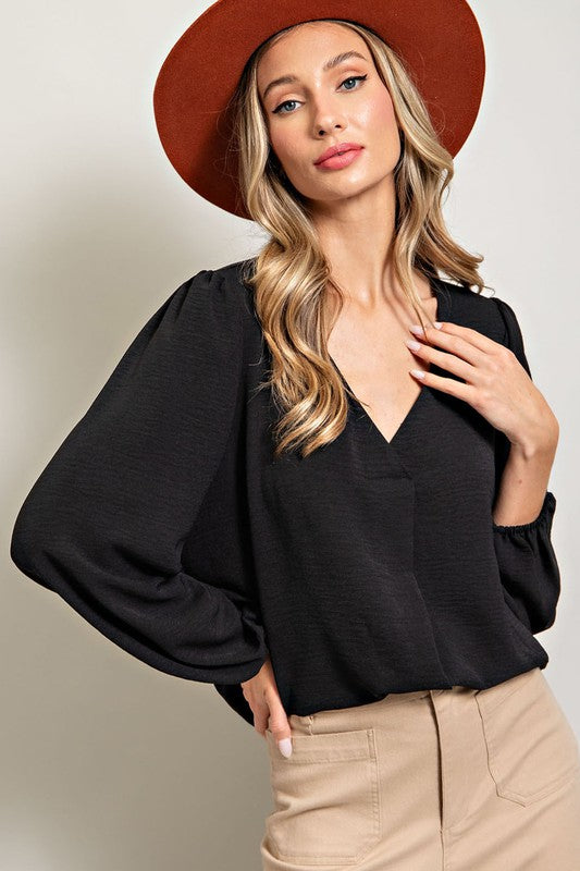 Solid V-Neck Long Sleeve Front Pleat Top