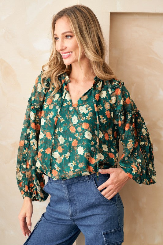 Floral Long Sleeve Tie Neck Top- Green