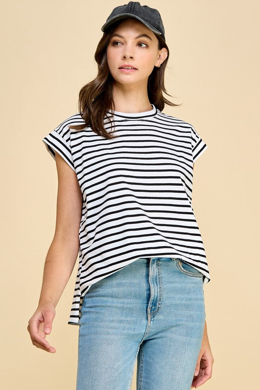 Striped Cap Sleeve Ribbed Top - Ivory