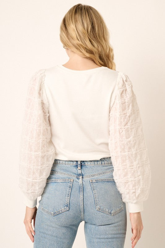 Solid Textured Sheer Long Sleeve Top