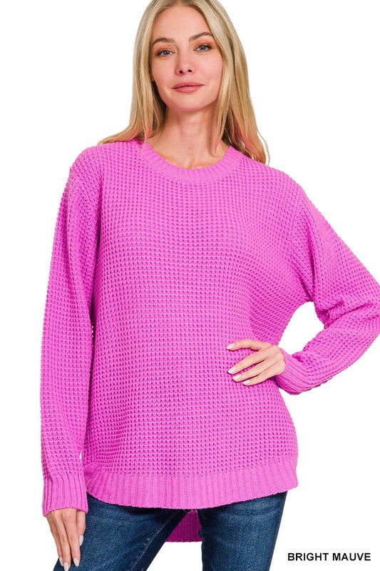 Solid Round Neck Waffle Sweater