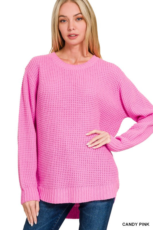 Solid Round Neck Waffle Sweater