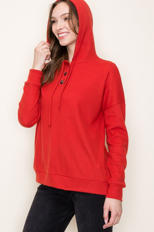 Thermal Hoodie Long Sleeve Button Top