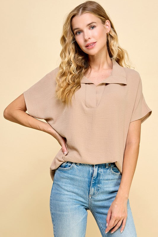 Solid Collared V-Neck Dolman Sleeve Top