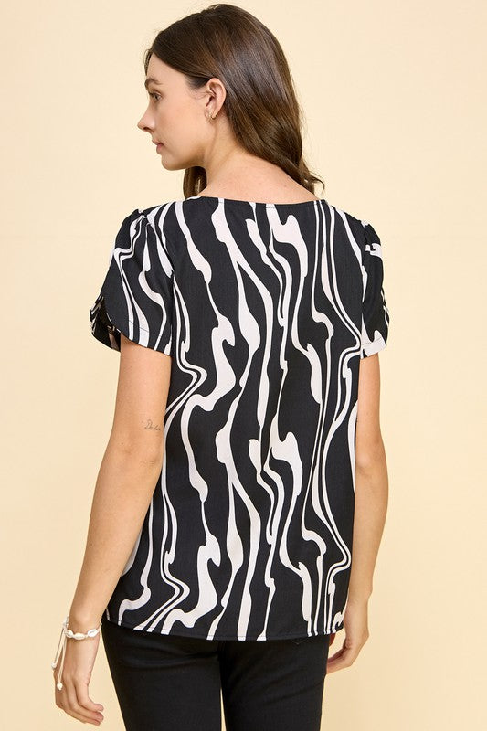 Marble Pattern Notched Sleeve Top- Black