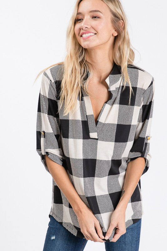 Buffalo Plaid Collared 3/4 Sleeve Top-Blk/Ivory