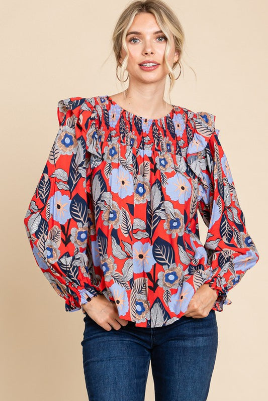 Flower Smocked Ruffle Detail Long Sleeve Top - Red