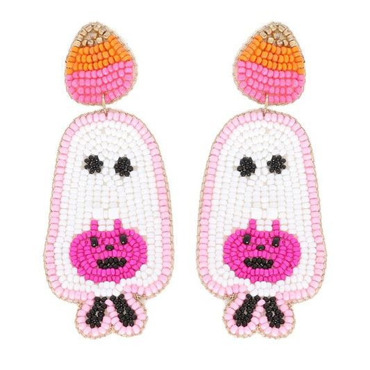 Trick Or Treating Ghost Seed Bead Earring-Pink