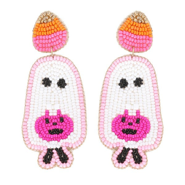Trick Or Treating Ghost Seed Bead Earring-Pink