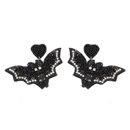 Rhinestone Bat Seed Bead Earring-Black