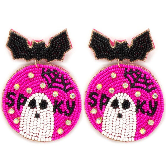 Spooky Ghost & Bat Round Seed Bead Earrings-Pink