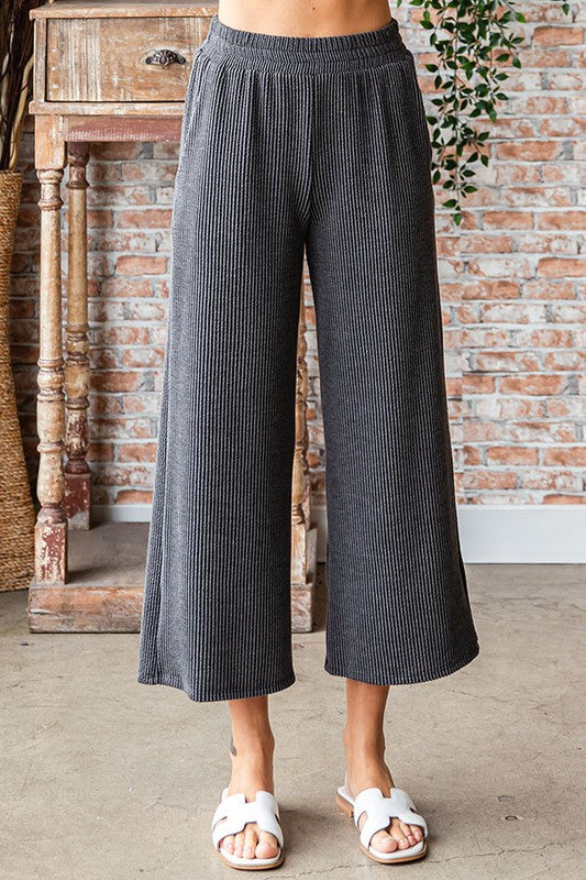 Ribbed Elastic Waist Wide Leg Pants