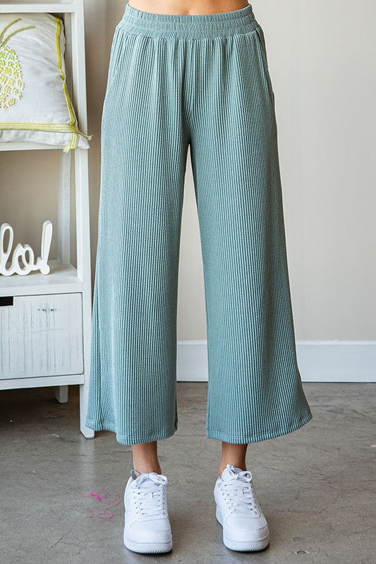 Ribbed Elastic Waist Wide Leg Pants