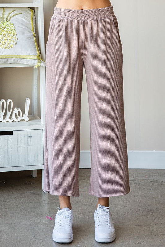 Ribbed Elastic Waist Wide Leg Pants