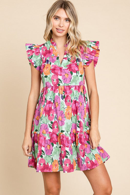 Floral V-Neck Ruffle Sleeve Tiered Dress - Mauve