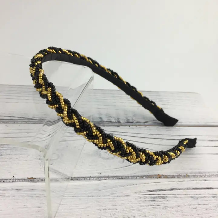 Thin Beaded Braided Headband - Black & Gold