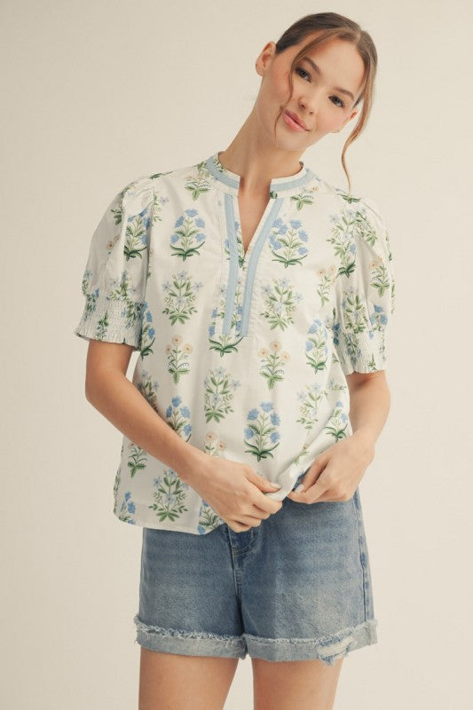 Floral V-Notch Neck Smocked Sleeve Top-Off Wht