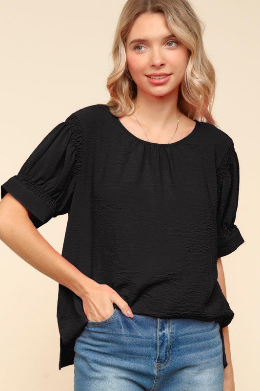 Solid Shirring Detail Bubble Sleeve Top