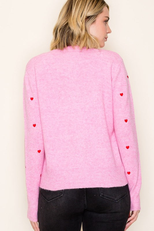 Heart Embroidered Button Down Cardigan Sweater-Pink
