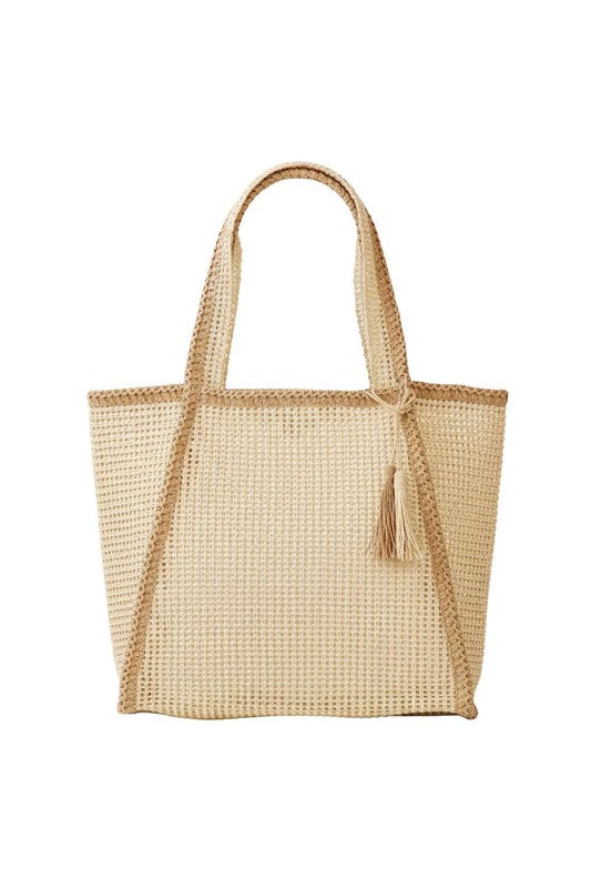 Two Tone Woven Straw Tassel Bag