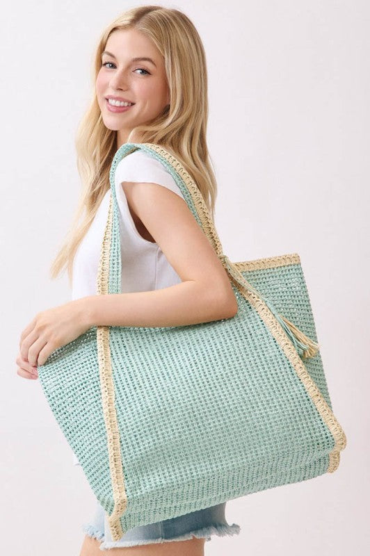 Two Tone Woven Straw Tassel Bag