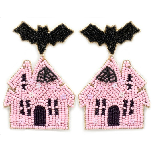 Haunted House Beaded Earring-Pink