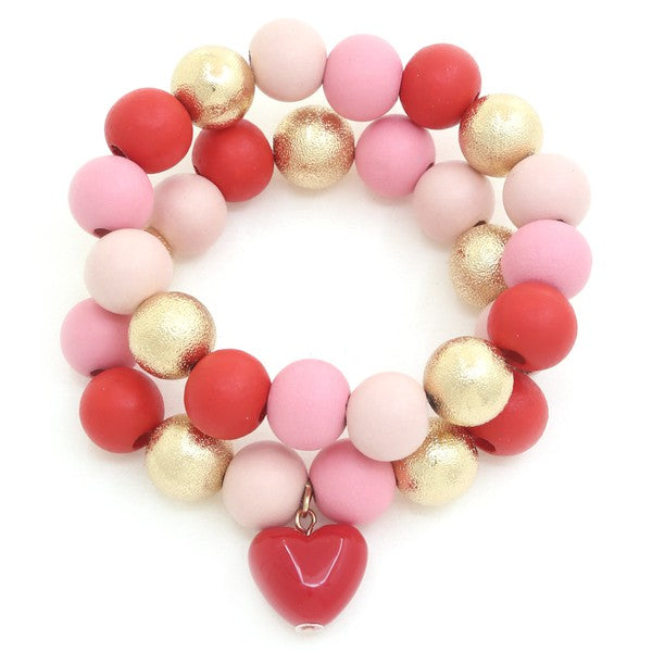 Heart Charm Beaded Bracelet Set