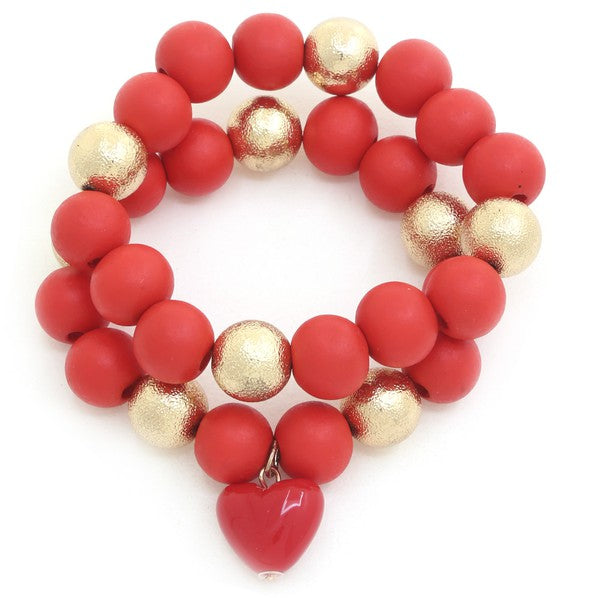 Heart Charm Beaded Bracelet Set