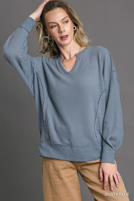 Solid Waffle Knit Rib Contrast Top