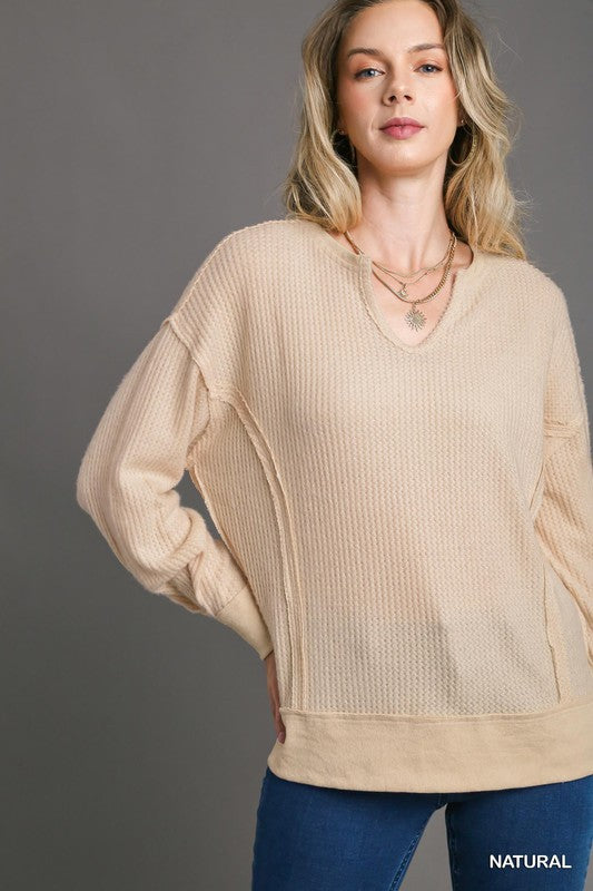 Solid Waffle Knit Rib Contrast Top