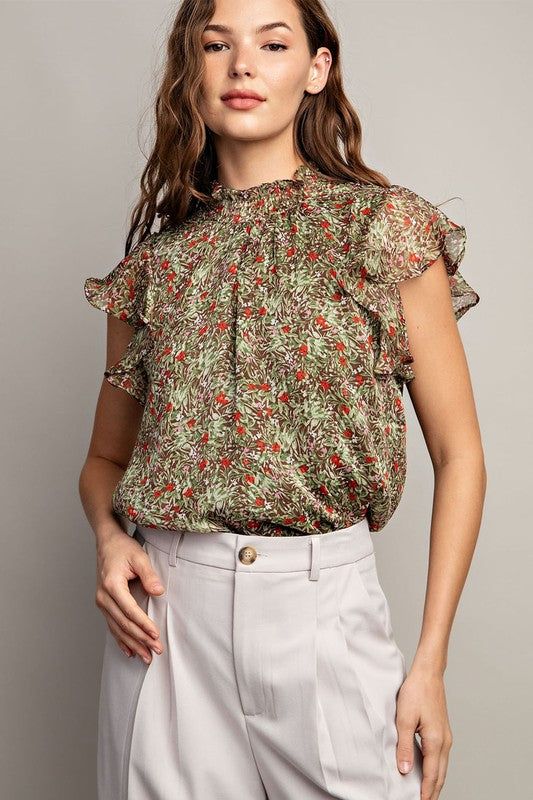 Floral Frill Neck Ruffle Short Sleeve Top - Olive