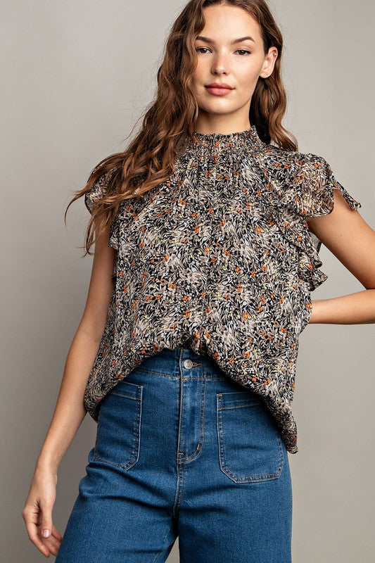 Floral Frill Neck Ruffle Short Sleeve Top - Black