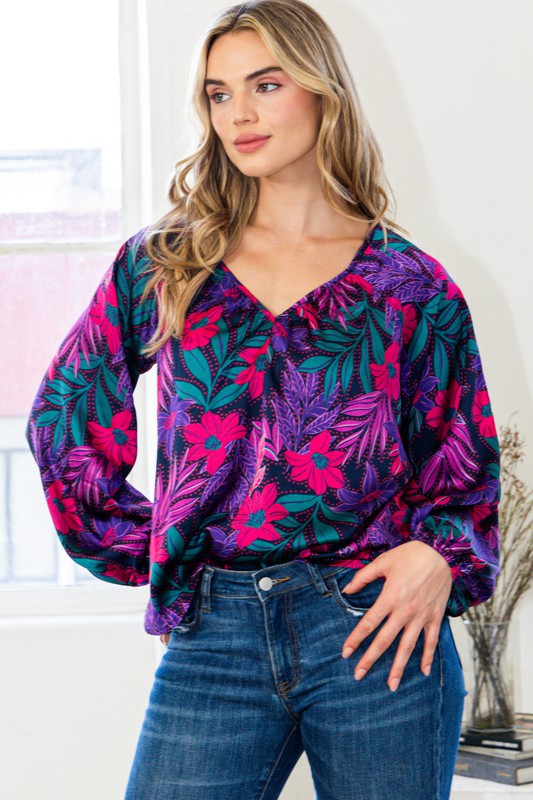 Floral Gathered V-Neck Long Cuffed Sleeve Top - Navy