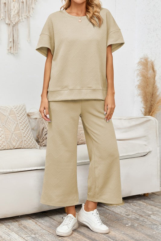 Women's Textured Loose Fit T Shirt and Drawstring Pants Set
