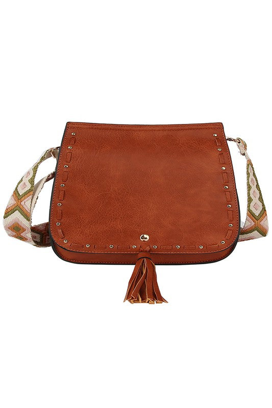 Saddle Crossbody Bag w/Patterned Guitar Strap