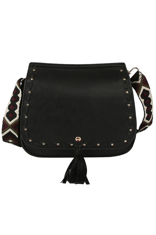 Saddle Crossbody Bag w/Patterned Guitar Strap